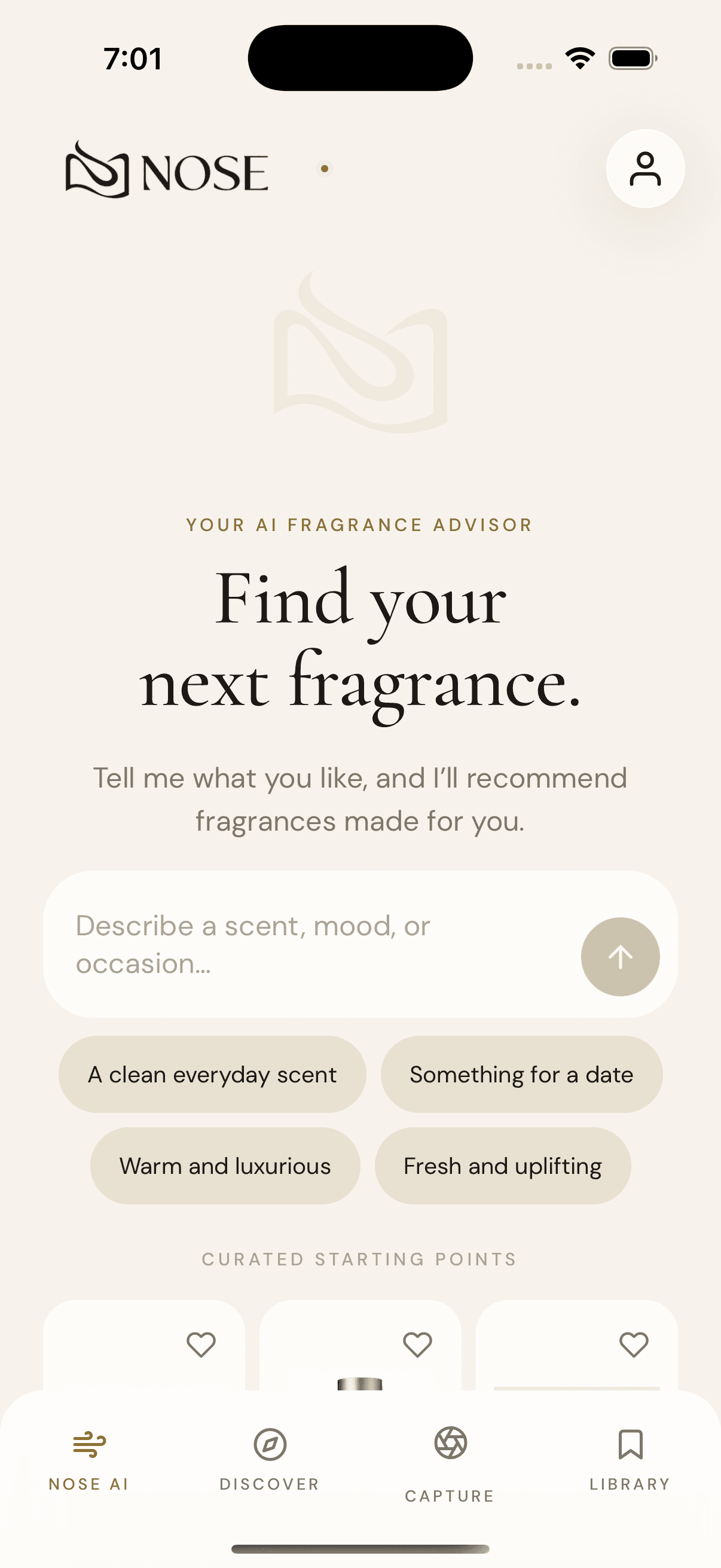 The actual Nose AI app: a personal fragrance advisor with scent prompts and curated fragrances